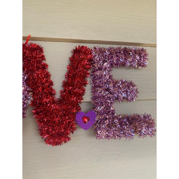 20” Red Pink Tinsel LOVE Valentines Day Wreath Door Hanger Swag Wall Decor - Picture 7 of 9